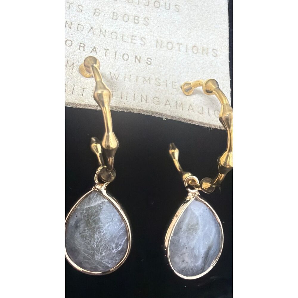 NWT Anthropologie Gold-Plated Labradorite Gemstone Crystal Hoop Drop Earrings